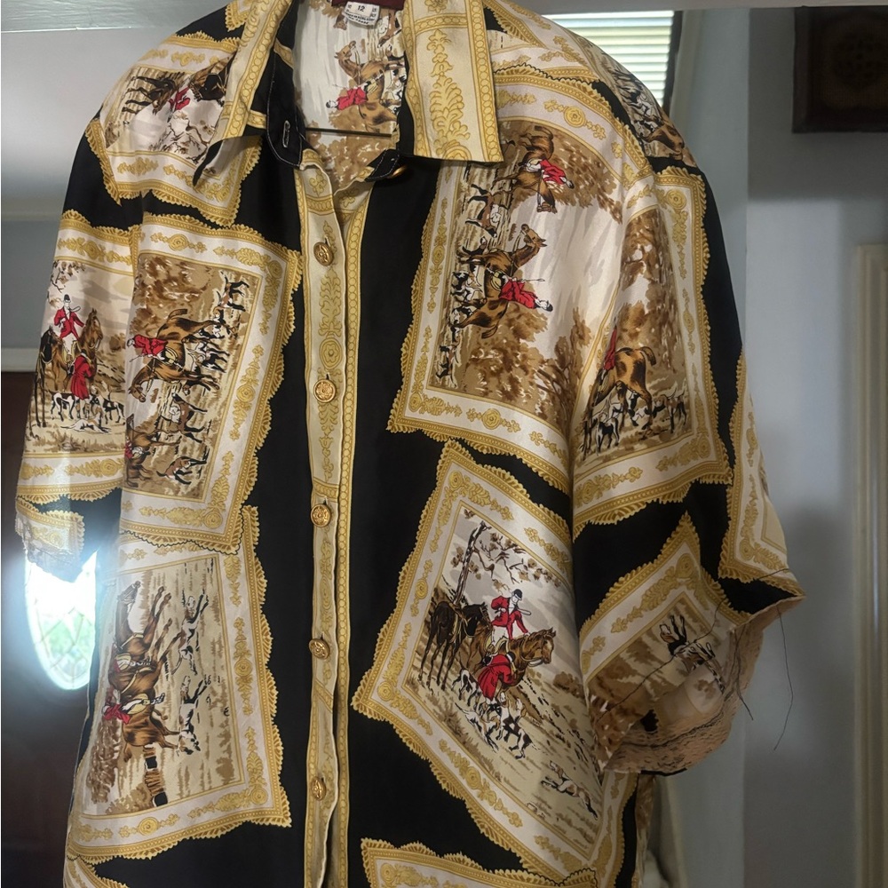 Elegant Women's Button Down Shirt with Equestrian Print -100 % Silk